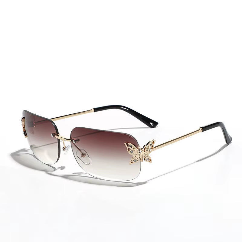 New Arrival Butterfly Luxury Eyewear Rimless Frame Custom Fashion Pink Female Rectangle Sun Glasses