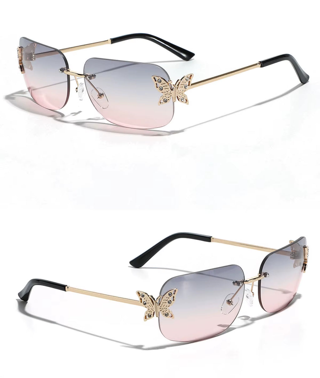 New Arrival Butterfly Luxury Eyewear Rimless Frame Custom Fashion Pink Female Rectangle Sun Glasses