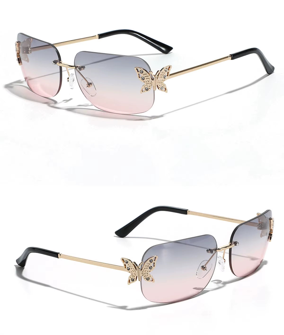New Arrival Butterfly Luxury Eyewear Rimless Frame Custom Fashion Pink Female Rectangle Sun Glasses